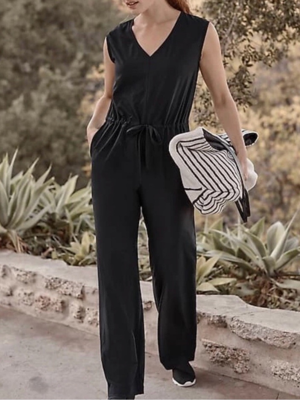 J. Jill Fit Black Sleeveless V-Neck Drawstring Jumpsuit - Picture 2 of 10